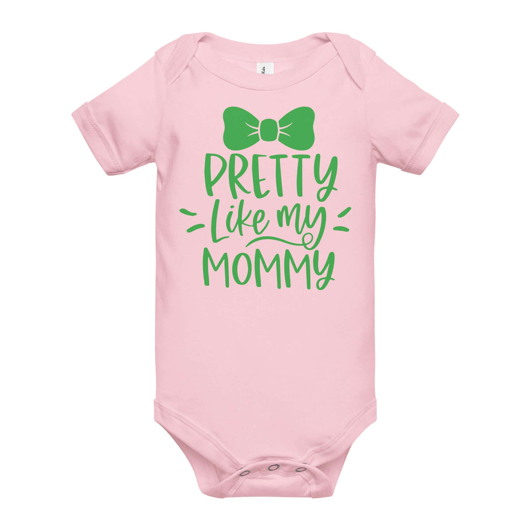 Pretty Like Mommy Onesie in pink with green text and bow, perfect for showcasing cute baby style and Greek gear.
