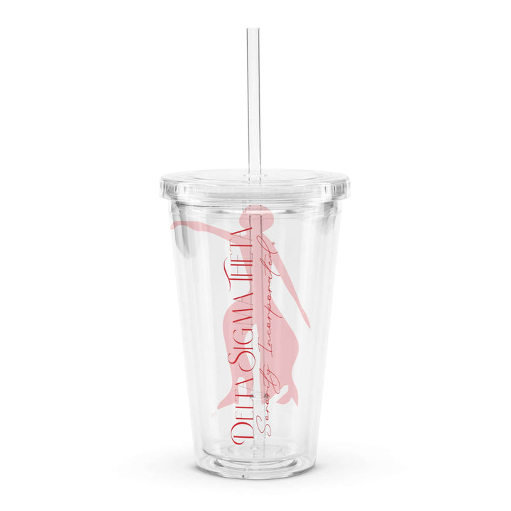 Delta Sigma Theta clear plastic tumbler with lid and straw, ideal for sorority and fraternity events.