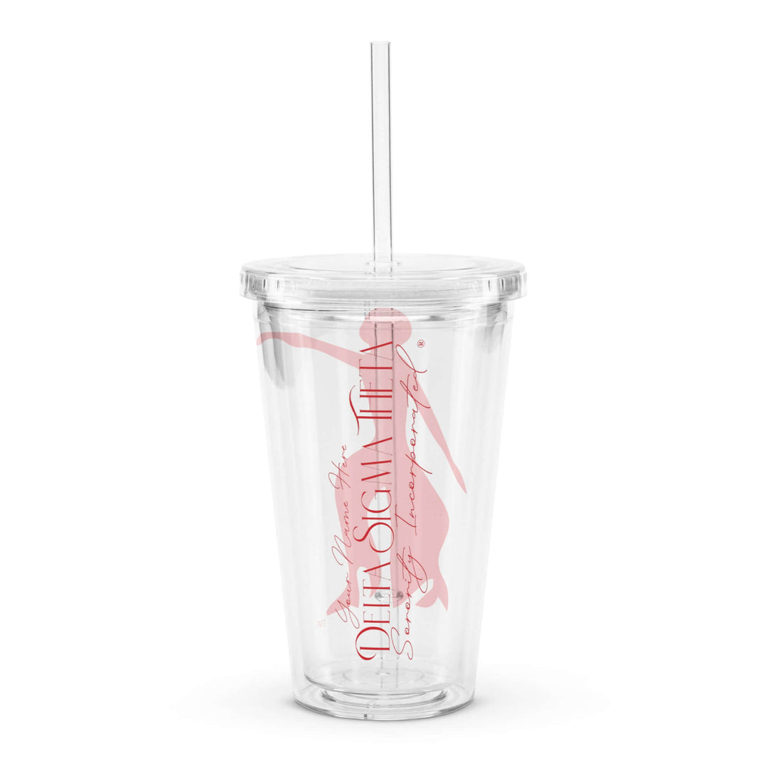 Delta Sigma Theta clear plastic tumbler with lid and straw, ideal sorority drinkware for stylish hydration.