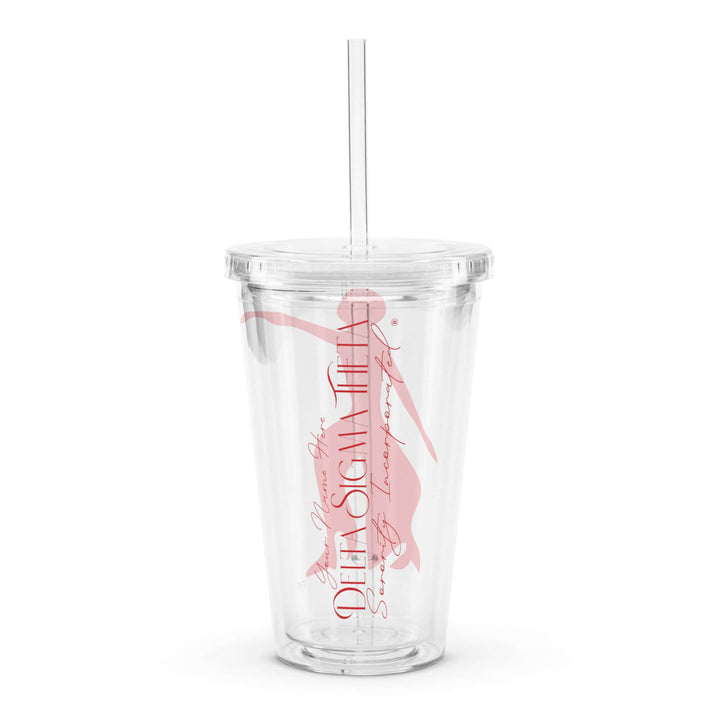 Delta Sigma Theta clear plastic tumbler with lid and straw, ideal sorority drinkware for stylish hydration.
