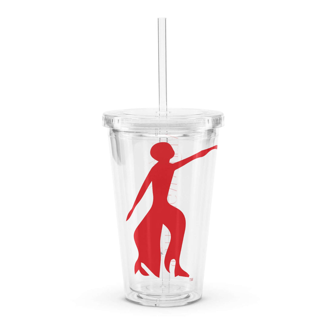 Clear plastic tumbler with red Delta Sigma Theta logo, 16 oz capacity, reusable drinkware for sorority events.