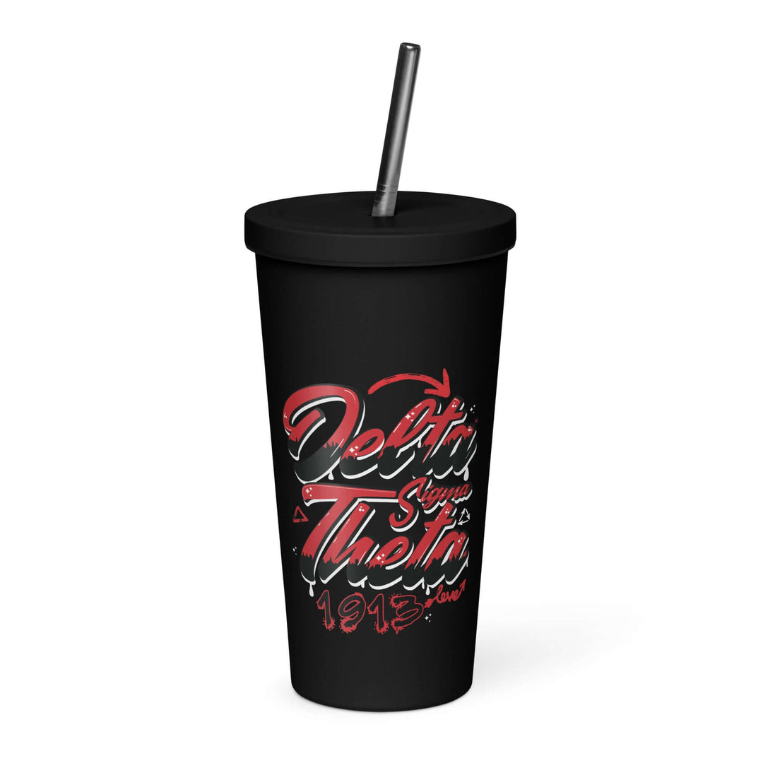 Delta Sigma Theta insulated tumbler with straw, perfect for sorority paraphernalia and Greek gear.