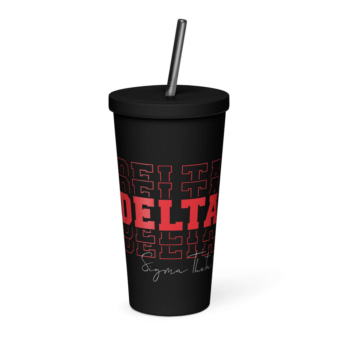 Delta Sigma Theta insulated tumbler with straw, black design, perfect for sorority drinkware and Greek gear.