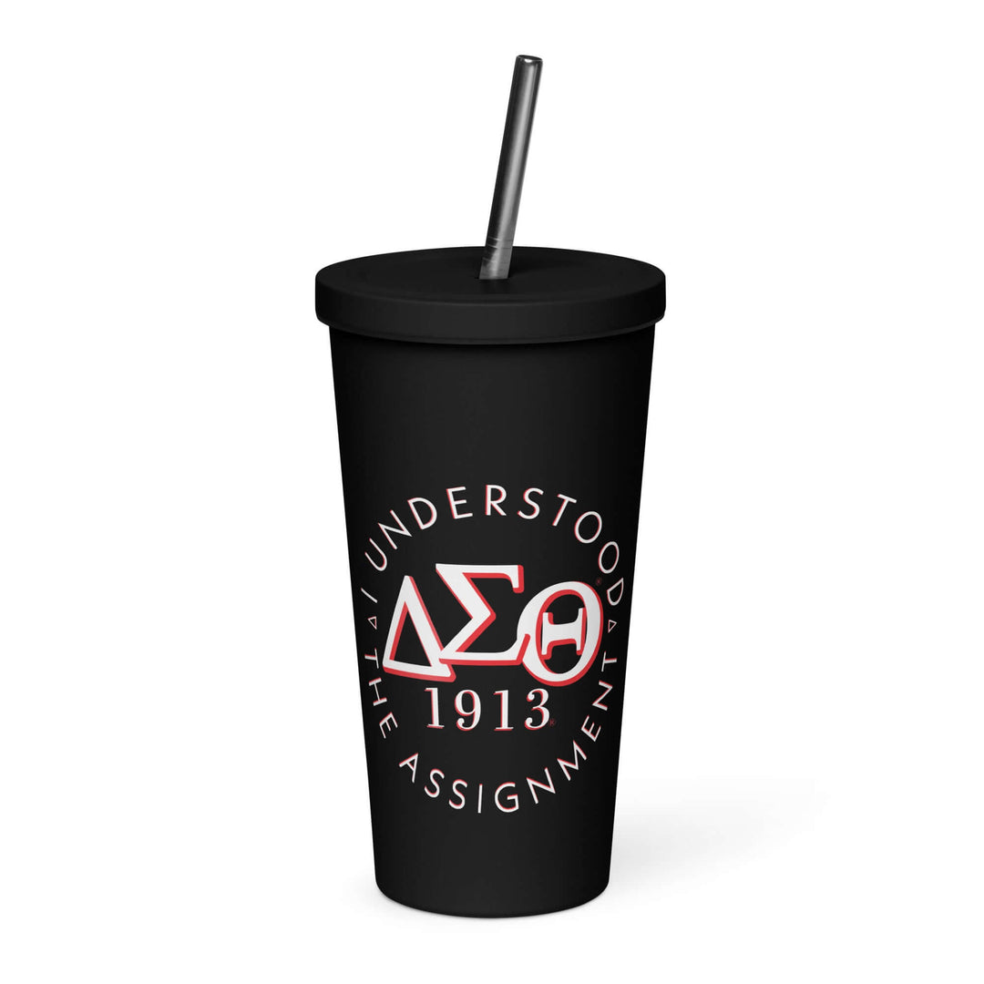 Delta Sigma Theta insulated tumbler with reusable straw featuring "The Assignment" text and sorority symbols.