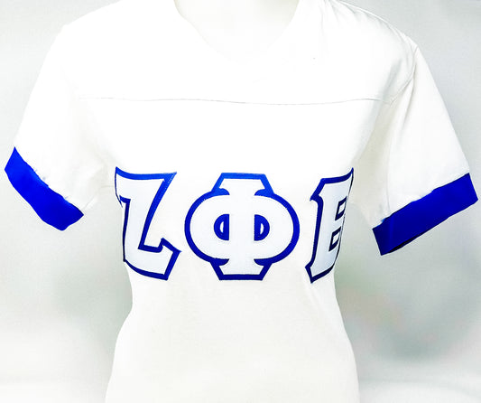 Zeta T-Shirt - Greek Letter Embroidered White T-Shirt with Blue Trim, V-Neck