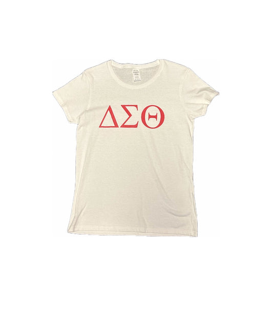 Delta T-Shirt - Greek Letters in Red Screen Printed Letters on White T-Shirt