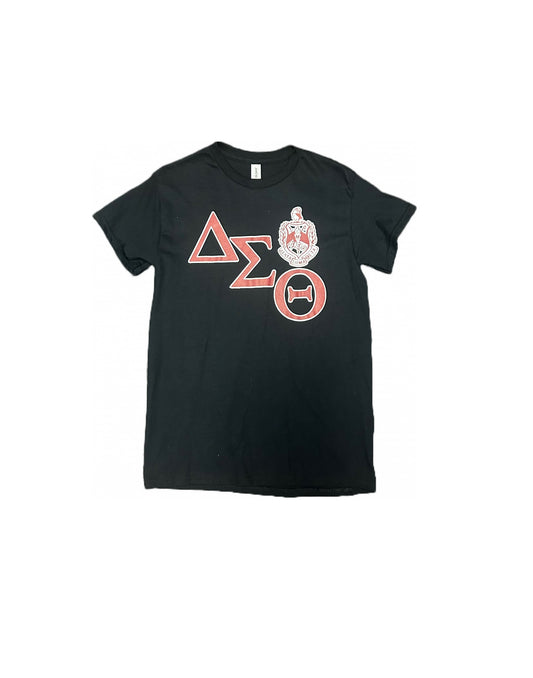Delta T-Shirt - Greek Letters and Crest Screen Printed in Red on Black T-Shirt