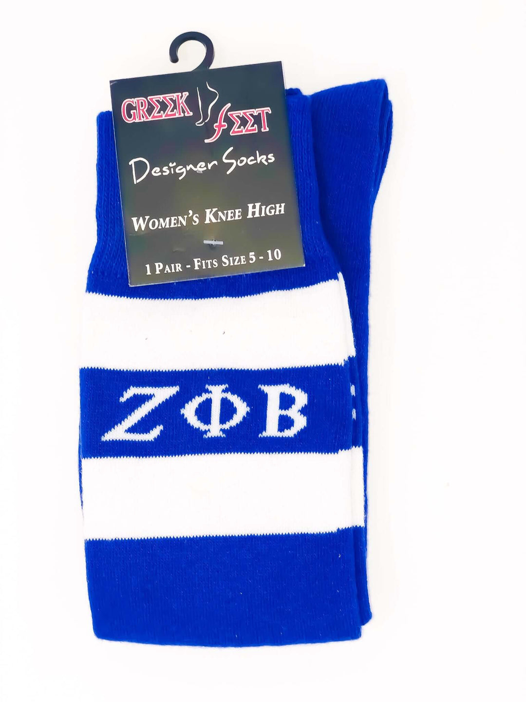 Zeta Socks Knee High in blue and white, perfect for sorority and fraternity paraphernalia and Greek gear.