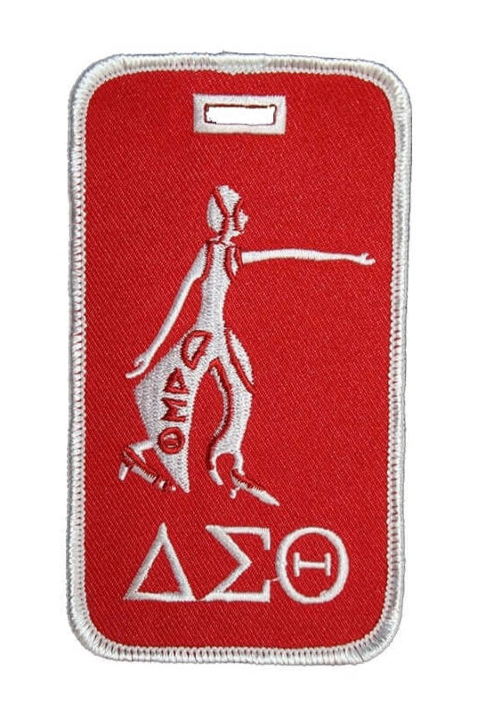 Delta Luggage Tag featuring Fortitude emblem for sorority pride and Greek gear identification. Stylish and durable design.