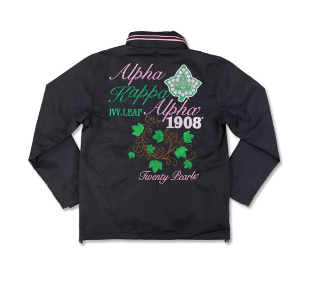Alpha Kappa Alpha Windbreaker Embroidered Black, Ivy Leaf 1908 Twenty Pearls