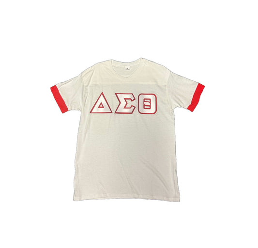 Delta T-Shirt - Classic Greek Letter Embroidered White T-Shirt with Red Trim