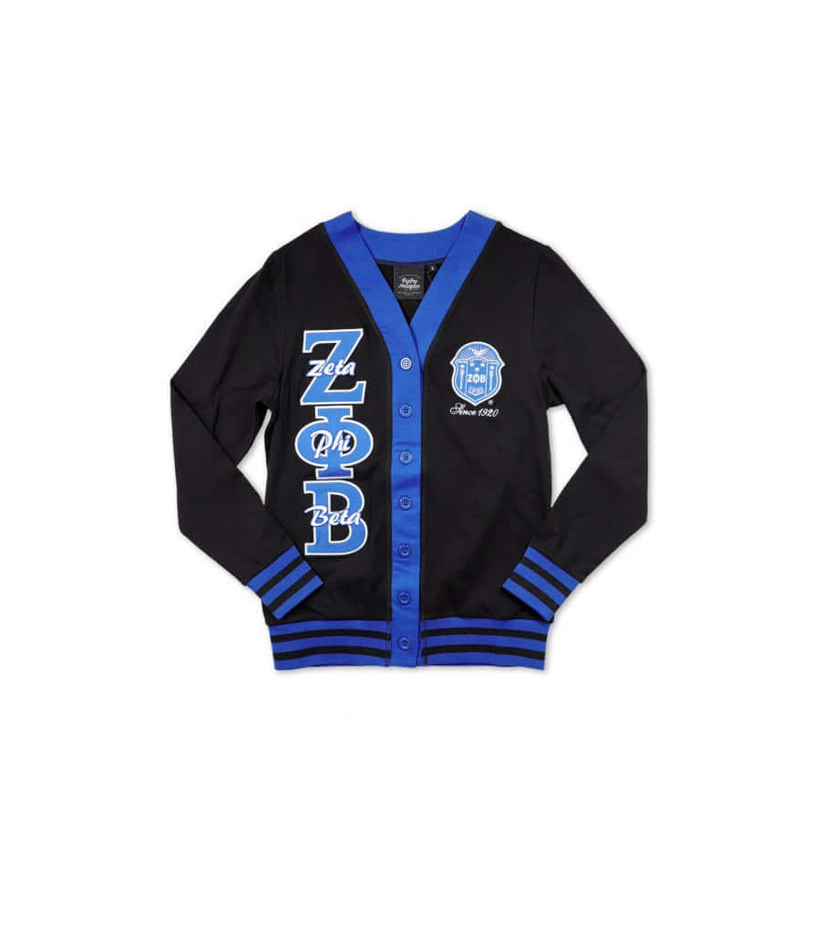 Zeta Cardigan in black with blue trim, perfect sorority gear and fraternity paraphernalia for Greek events.