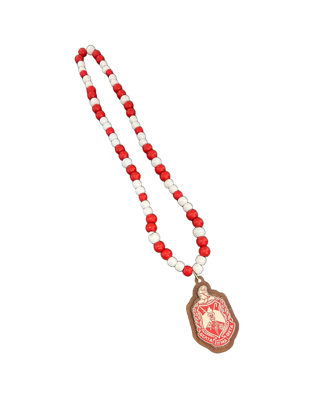 Delta Jewelry wooden shield and bead necklace, 32-inch sorority and fraternity Greek gear in red and white.
