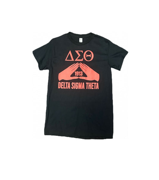 Delta T-Shirt - Greek Letters and Hands Screen Printed in Red on Black T-Shirt