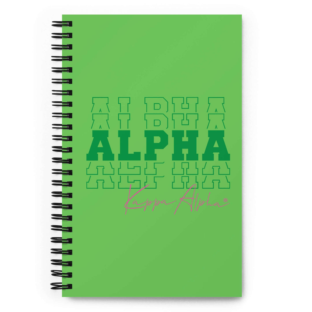 Green spiral notebook featuring "ALPHA" text, perfect for sorority and fraternity paraphernalia and Greek gear.