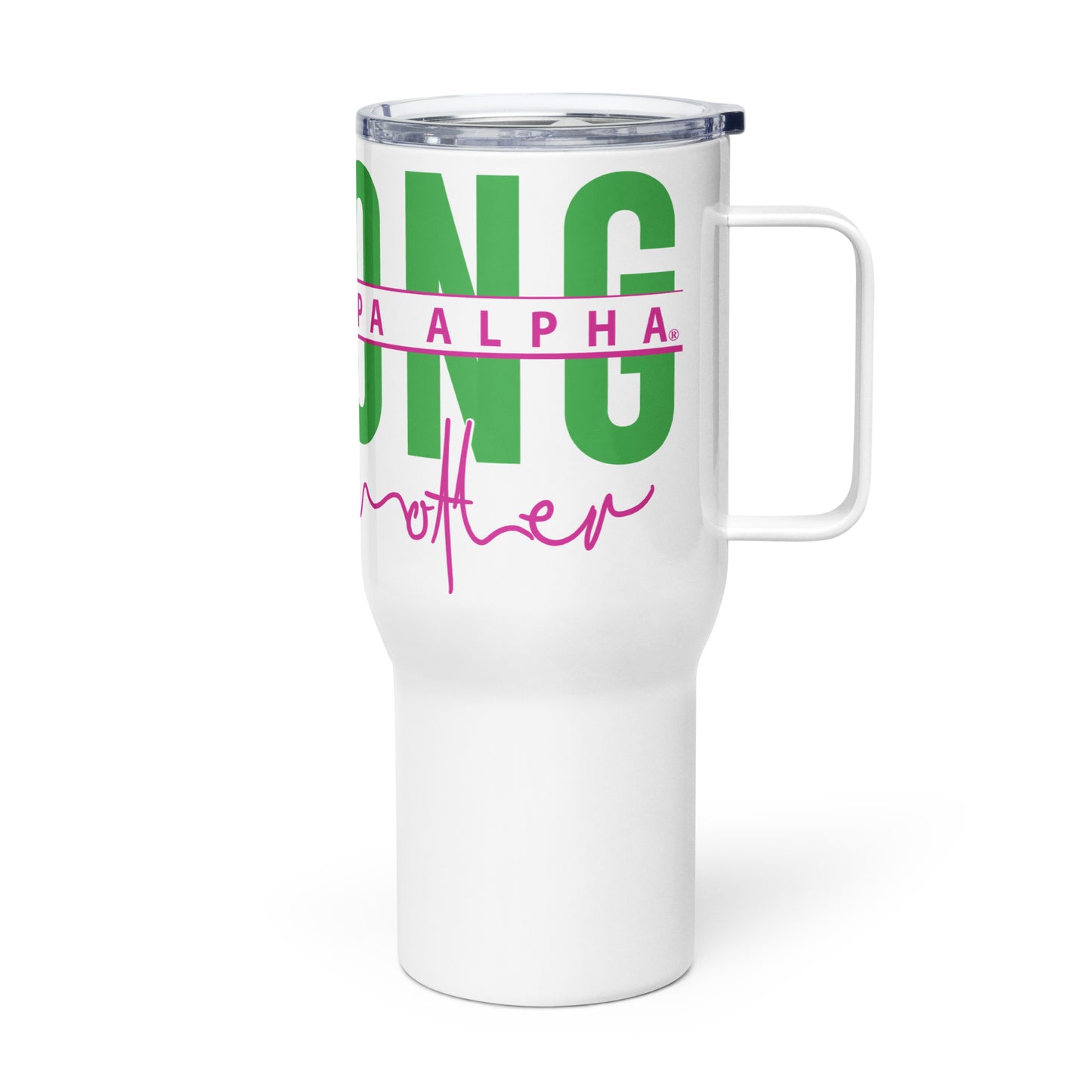 Alpha Kappa Alpha MOM Strong Travel mug with a handle