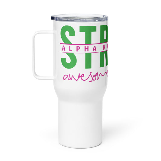 Alpha Kappa Alpha MOM Strong Travel mug with a handle