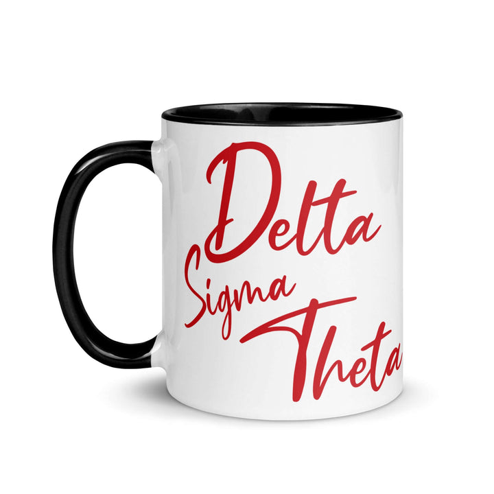 Delta Script Mug featuring bold lettering in red, perfect sorority paraphernalia for coffee or tea enthusiasts.
