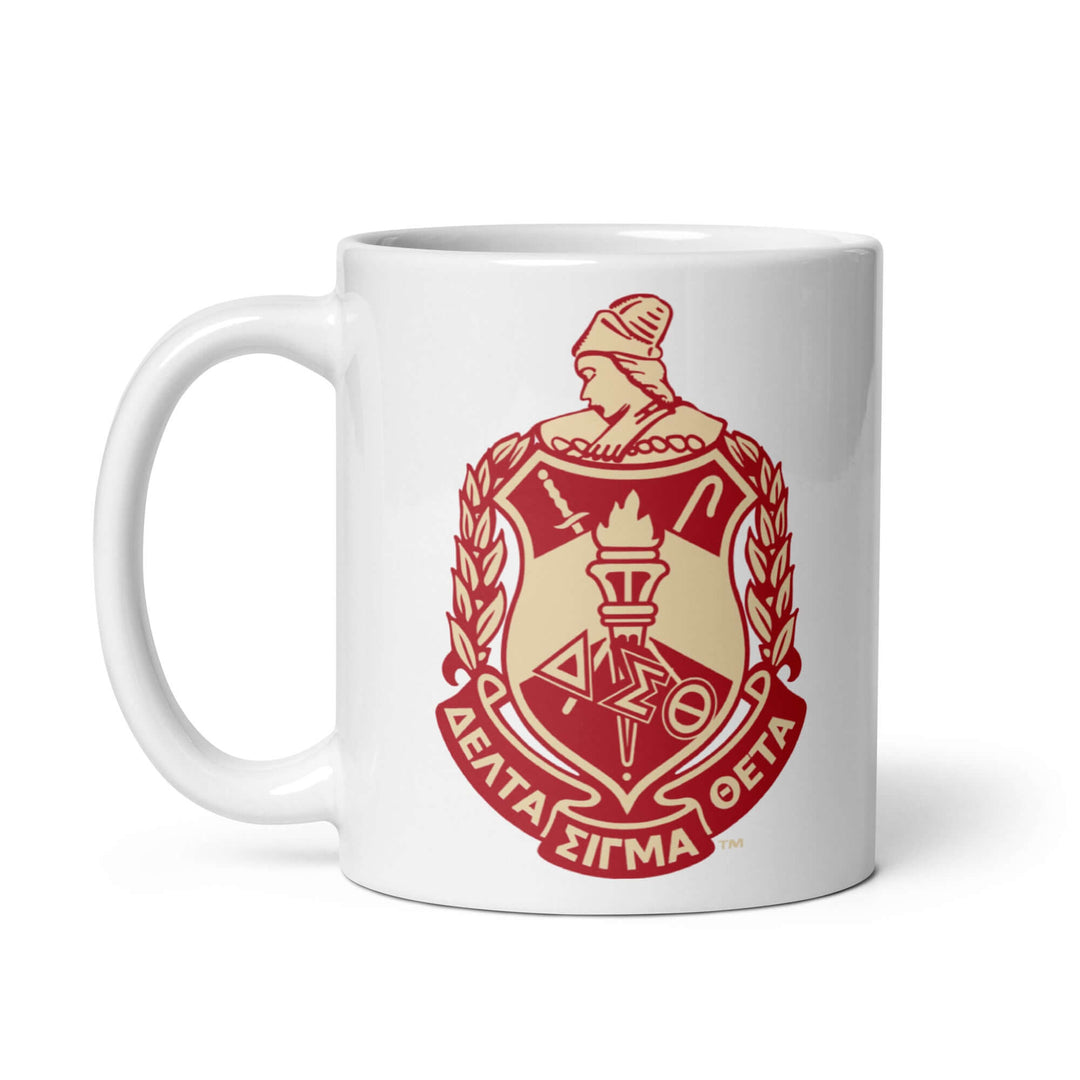 Delta Sigma Theta crest mug showcasing vibrant sorority design, perfect for coffee or tea lovers. Ideal Greek gear for alumni.