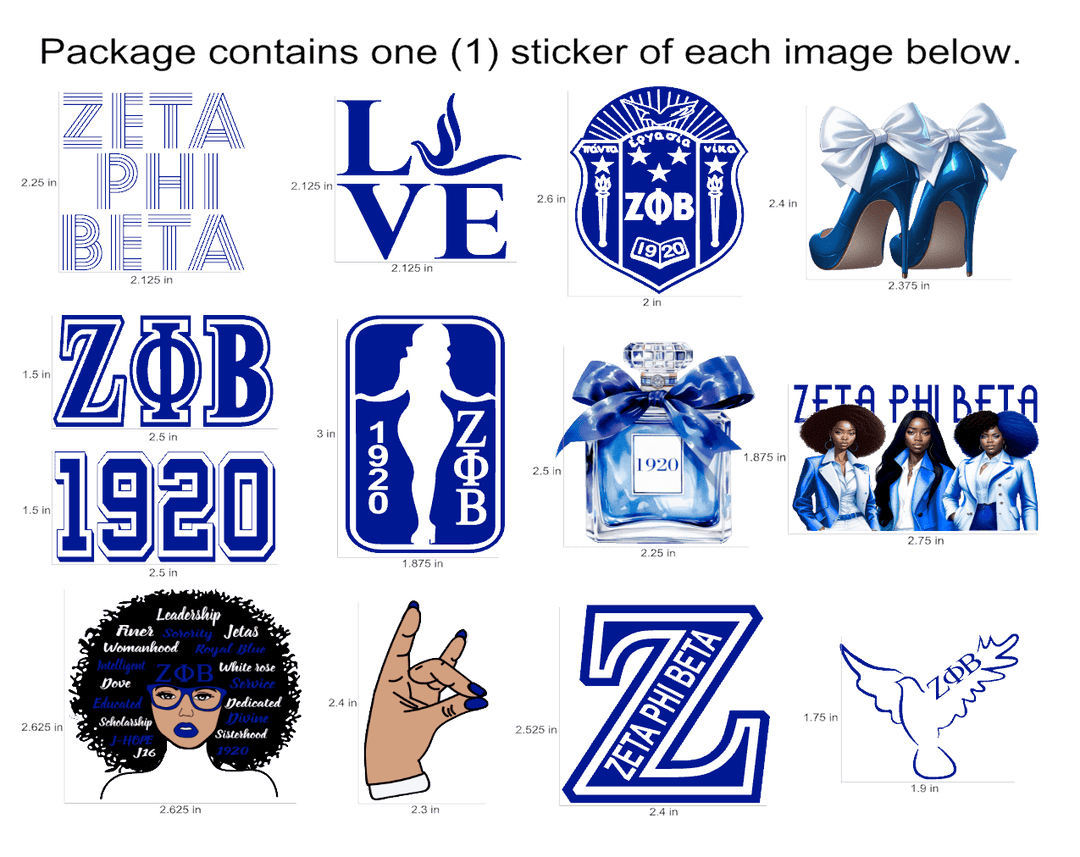 Zeta Sorority stickers featuring logos, symbols, and designs for sorority and fraternity paraphernalia and Greek gear.