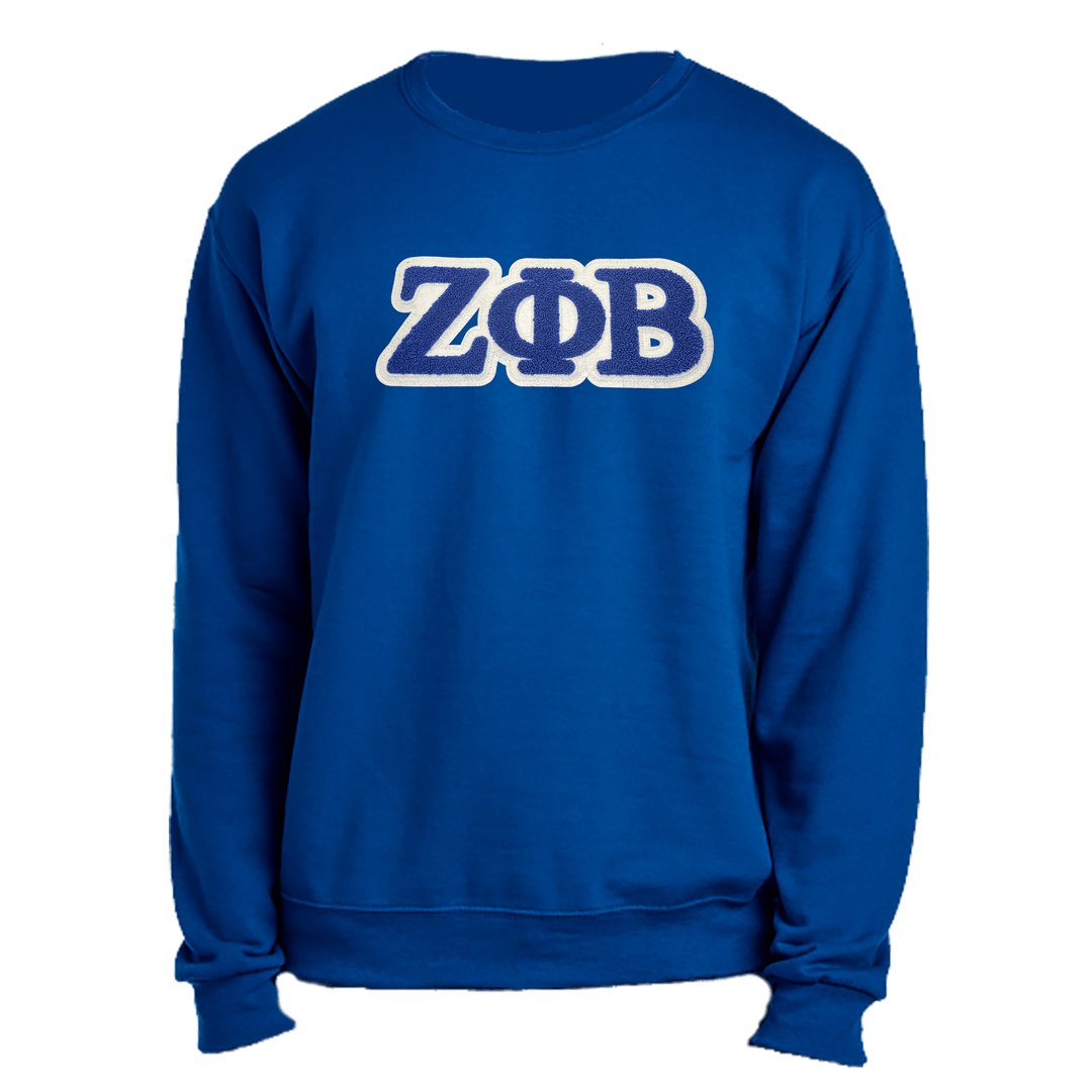 Zeta Embroidered Chenille Symbols Sweatshirt in vibrant blue, perfect for sorority and fraternity Greek gear. Unisex size.