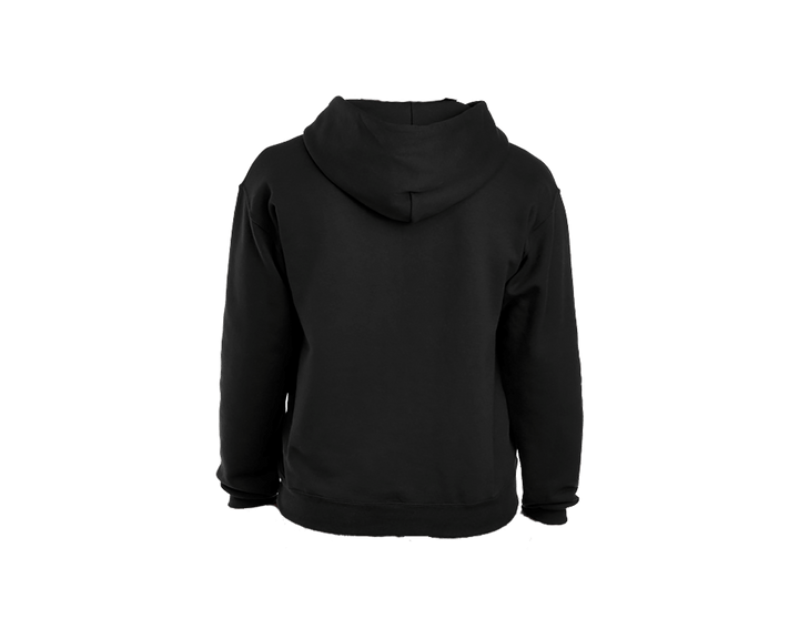 Back view of AKA embroidered satin symbols black hooded sweatshirt, perfect Greek gear for sorority or fraternity members.