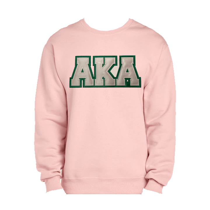 Pink sweatshirt with embroidered green-bordered AKA letters, perfect for sorority and fraternity greek gear enthusiasts.