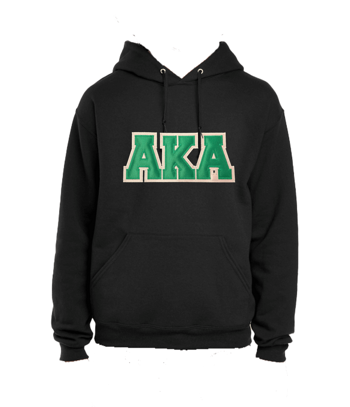 AKA embroidered satin symbols black hooded sweatshirt, perfect for sorority and fraternity greek gear enthusiasts.