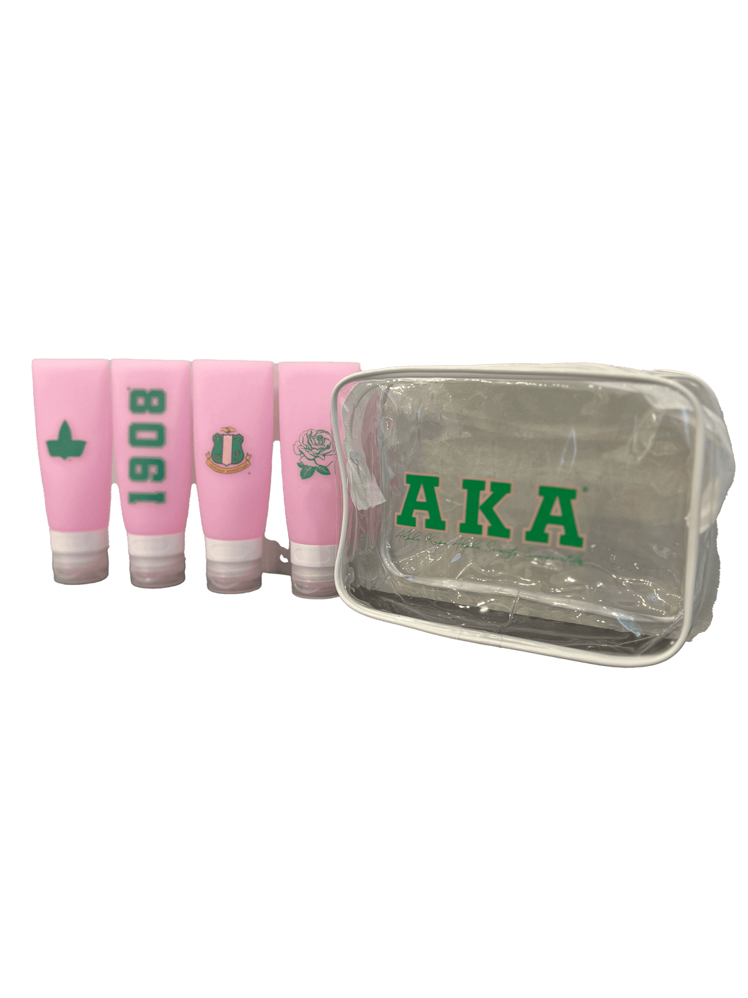 Alpha Kappa Alpha Cosmetic Bottle & Bag Set, perfect TSA-approved sorority gear for travel and daily use.