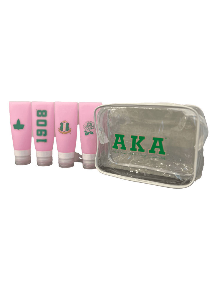 Alpha Kappa Alpha Cosmetic Bottle & Bag Set, perfect TSA-approved sorority gear for travel and daily use.