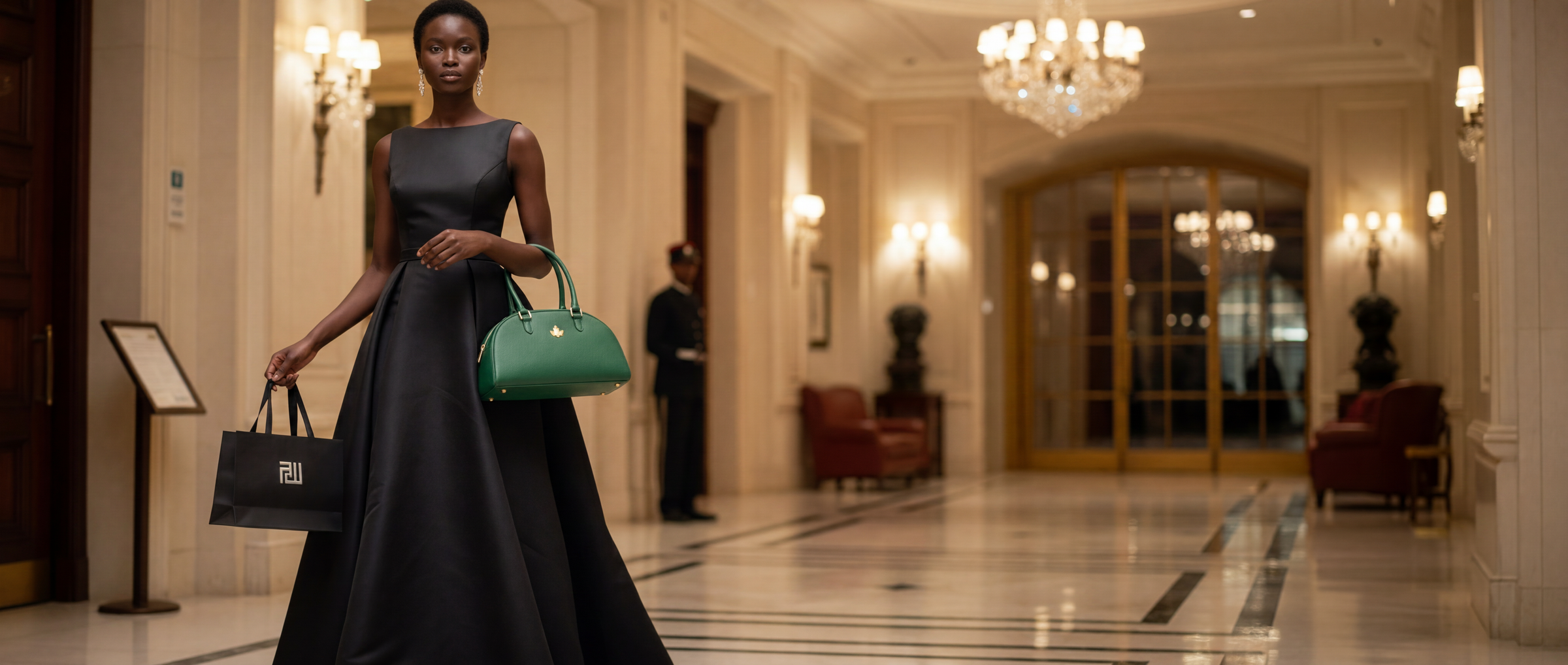 Woman in a black dress holding two handbags in a luxurious hotel lobby.