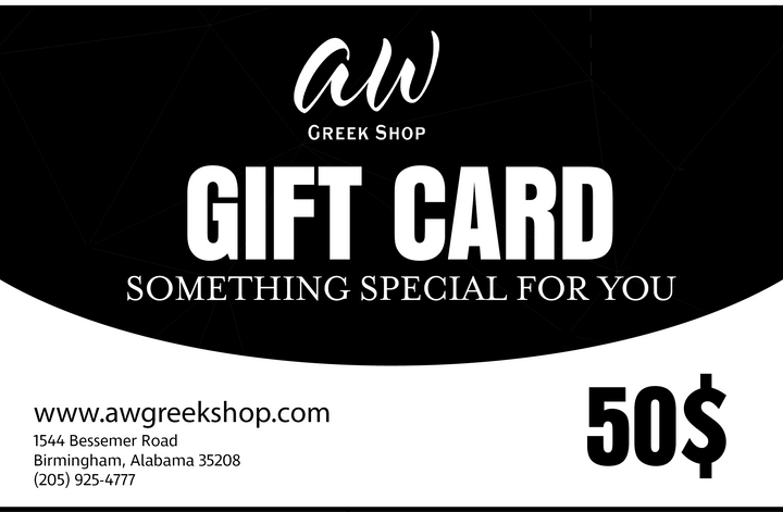A&W Greek Shop $50 gift card, perfect for sororities and fraternities, ideal for Greek gear and paraphernalia gifts.