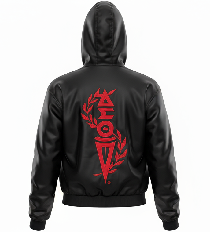 Black satin reversible jacket with Delta Sigma Theta crest and fur lining