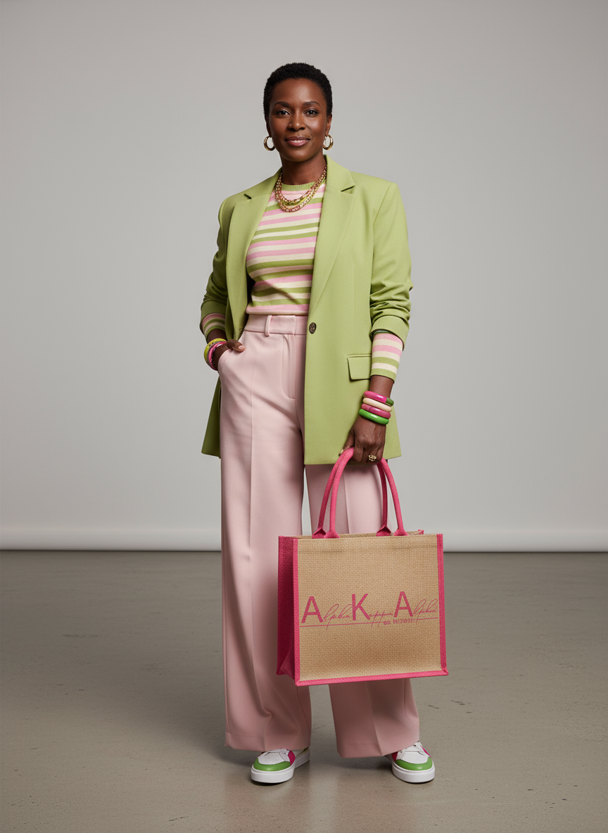 Alpha Kappa Alpha scripted jute tote held by model wearing trendy pink and green outfit and accessories, photographed for A&W Greek Shop.