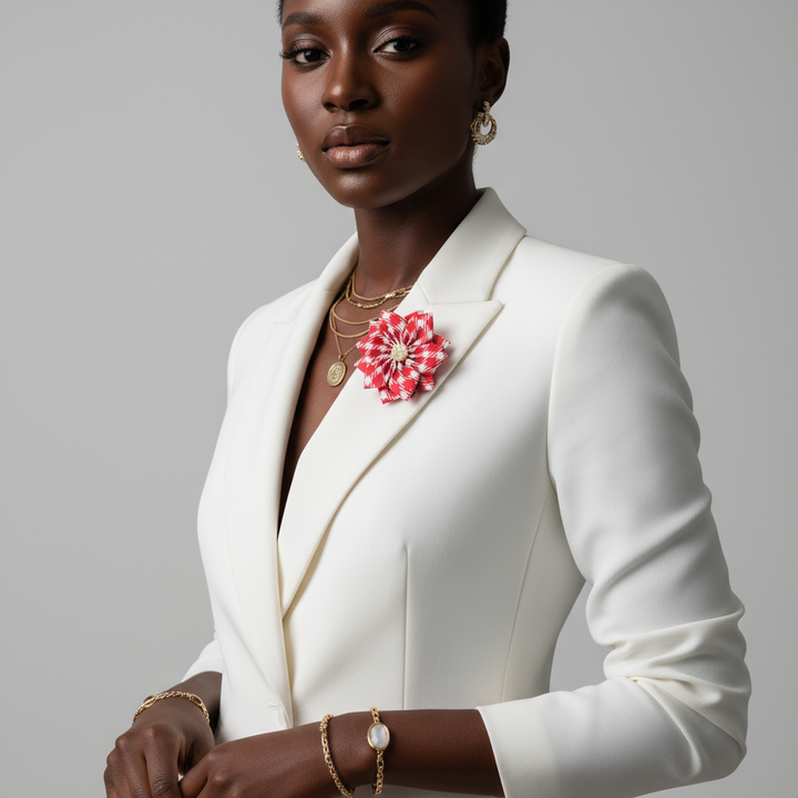 Delta Sigma Theta® Red & White Houndstooth Floral Brooch