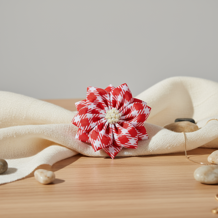 Delta Sigma Theta® Red & White Houndstooth Floral Brooch