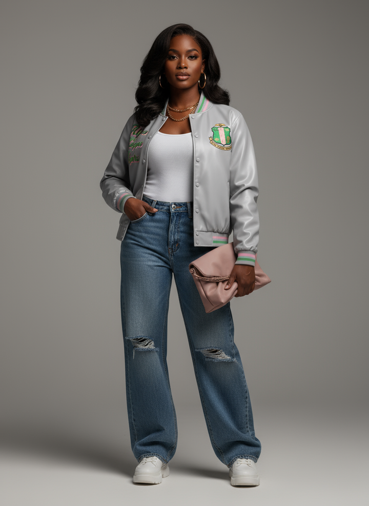 Alpha Kappa Alpha® Silver Soror Satin Bomber Jacket