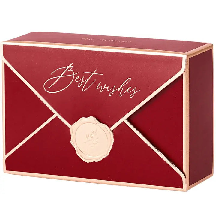 Elegant red gift box with "Best wishes" inscription and wax seal, perfect for special occasions and heartfelt messages.