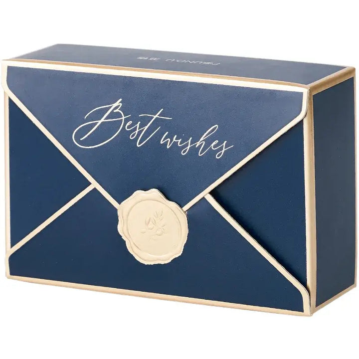 Elegant navy blue gift box with "Best wishes" lettering and a decorative seal, perfect for special occasions.