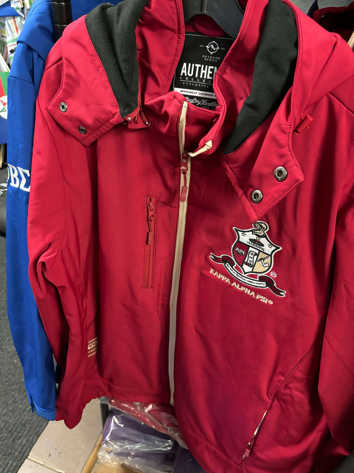 Kappa Alpha Psi jacket with removable hood, perfect fraternity paraphernalia for Greek life enthusiasts.