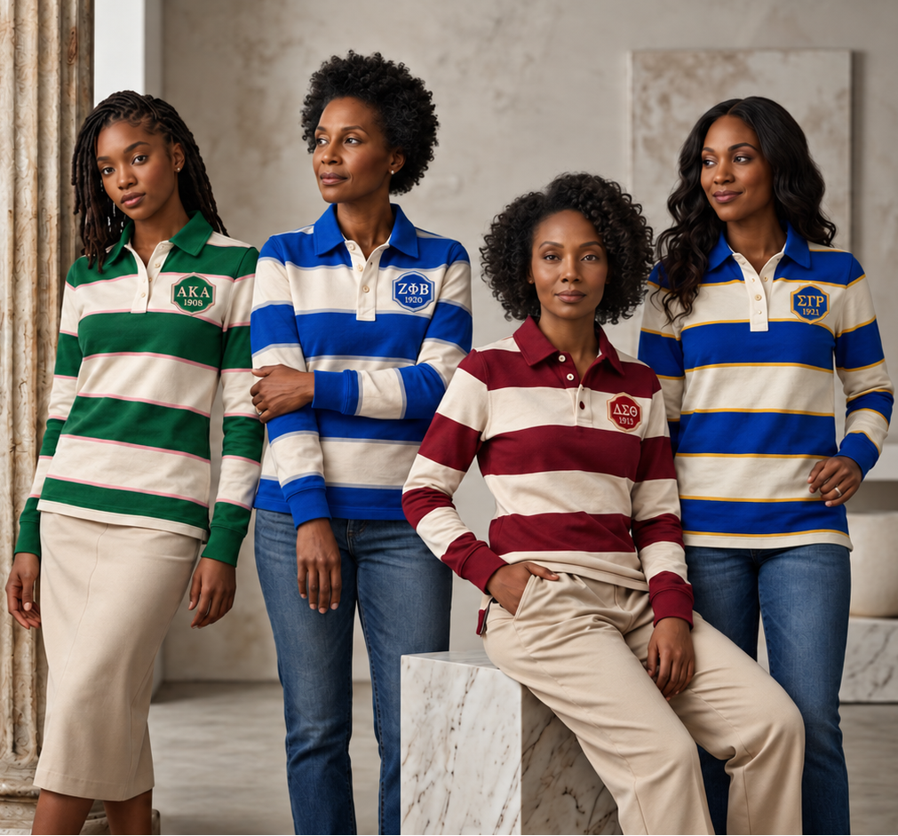 Four women modeling striped rugby polo shirts in green, blue, red, and navy-and-white colorways, styled with jeans or beige trousers in a minimalist indoor setting with a stone column and marble block.