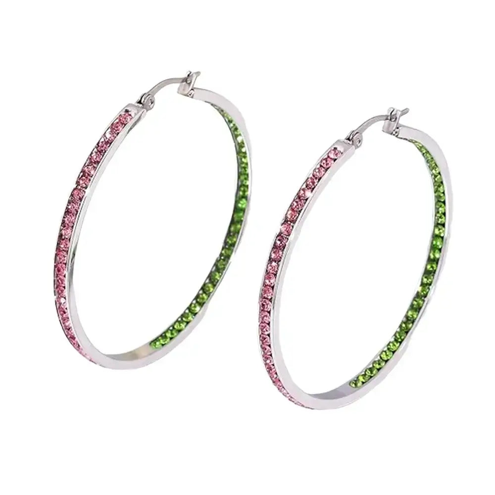 Stunning pink and green rhinestone hoop earrings, perfect for sorority, fraternity events, and Greek gear style.