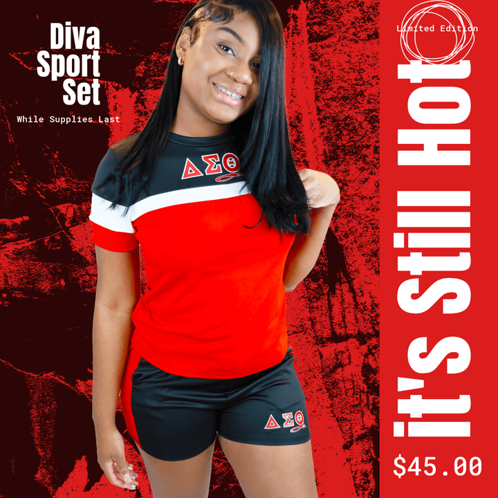 Stylish Delta Sigma Theta Diva Sport Set in red and black, perfect for sorority sisters. Limited edition apparel piece.