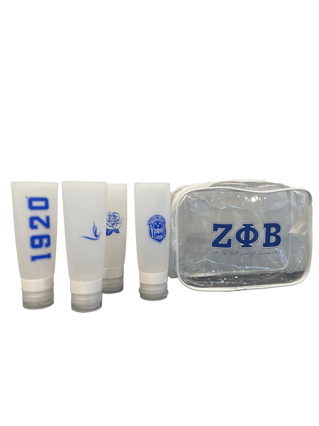 Zeta Phi Beta TSA-approved cosmetic bottle and bag set featuring blue designs and sorority branding, ideal for Greek gear.