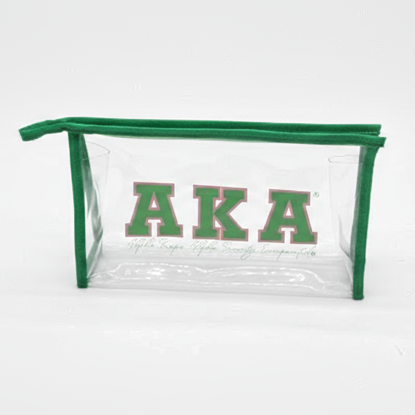 Alpha Kappa Alpha clear cosmetic bag with green trim by A&W Greek Shop, TSA-approved sorority travel pouch.
