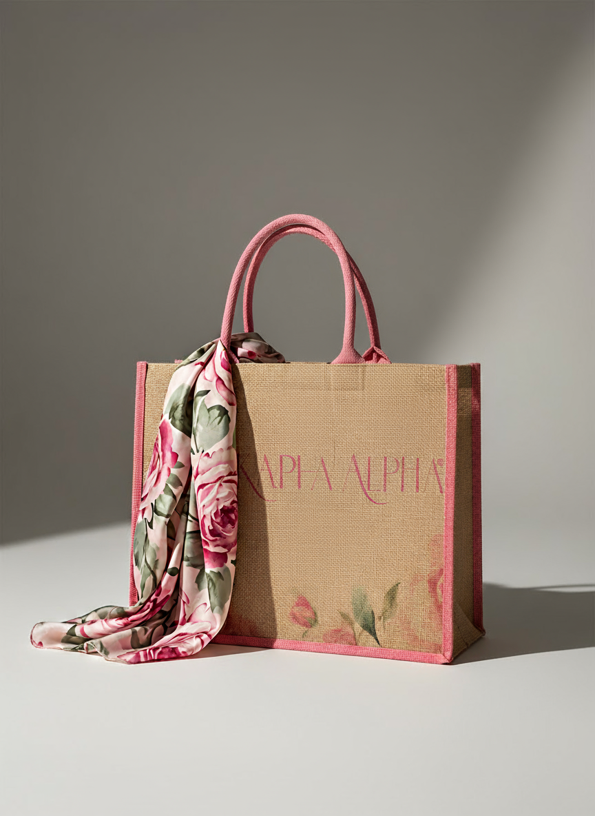 Alpha Kappa Alpha floral burlap tote styled with rose floral scarf, photographed for A&W Greek Shop