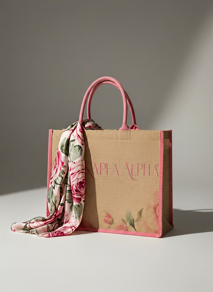 Alpha Kappa Alpha floral burlap tote styled with rose floral scarf, photographed for A&W Greek Shop