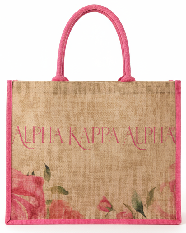 Alpha Kappa Alpha floral burlap tote bag with pink trim by A&W Greek Shop, eco-friendly sorority tote