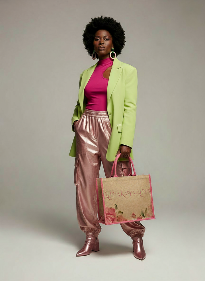 Alpha Kappa Alpha floral jute tote held by model styled in pink and green trendy outfit and accessories, photographed for A&W Greek Shop.