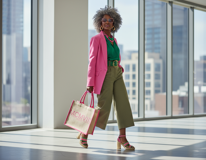 Styled Alpha Kappa Alpha MCMVIII  jute tote carried by African American model, photographed for A&W Greek Shop.